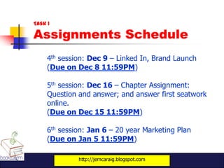 Task 1

Assignments Schedule
     4th session: Dec 9 – Linked In, Brand Launch
     (Due on Dec 8 11:59PM)

     5th session: Dec 16 – Chapter Assignment:
     Question and answer; and answer first seatwork
     online.
     (Due on Dec 15 11:59PM)

     6th session: Jan 6 – 20 year Marketing Plan
     (Due on Jan 5 11:59PM)

              http://jemcaraig.blogspot.com
 