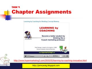 Task 4

Chapter Assignments




 http://www.hypermarketing2.com/2010/05/learning-by-coaching-innovative.html

                    http://jemcaraig.blogspot.com
 