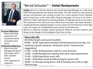 “Bernd Schuster” – Hotel Restaurants 
Profile: Bernd is a German 38 year old Food & Beverage Manager at a 100 room 
hotel half way between the Airport and Lisbon. His main clients are international 
tourists and business men coming to town for a short period of time. Michael 
works long hours as the hotel offers food & beverages 24 hours to its clients. 
Michael is often noticing the increasing problem of language barriers occurring in 
the restaurant as more and more clients from Asia stay in the hotel. However, 
employing Chinese speaking waiters is not an option for the hotel due to the high 
costs. His needs are an integrated & quick solution to this dilemma. 
Bernd is a efficient manager, always looking for efficient and fast solutions and 
known to be though on his employees from time to time. 
Personal Objectives: 
- Meet interesting 
people from all 
around the world 
- Find wife & start 
family 
Professional Objective: 
- Move into hotel 
Management board 
- Encourage staff to 
offer excellent 
service 
- Push reputation of 
restaurant 
Day-in-the-Life: 
04:30 Bernd gets up & quickly eats breakfast 
05:00 – 10:30 Supervision Breakfast shift (Preparation & serving, incl. 
speaking to guests asking for satisfaction levels / improvement 
suggestions), short break 
11:00 – 12:00 Briefing kitchen staff for Lunch & Dinner 
12:00 – 13:00 Management meeting with other hotel Departments 
13:30 – 16:00 Supervision lunch shift 
16:00 – 18:00 Short break & Staff briefing for dinner shift 
18:00 – 11:30 Supervising dinner shift & Handing over shift to night 
F&B Manager 
26.09.14 FreshEntrepreneurs2014 6 
 