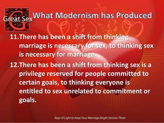 What Post-Modernism has Produced There is a shift from theologies of sex, to sexual theologies. In other words, there is a shift from addressing sex in terms of Christian Faith and Doctrine, to addressing Christian faith and doctrine in terms of sex.There is a shift from thinking sexual passion is best experienced by satisfying God, to thinking God is best experienced by satisfying Sexual passion. In other words, there is shift from thinking a relationship with God affects sex, to thinking a relationship with God is experienced through Sex