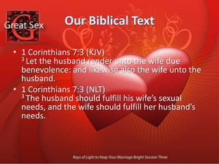 Our Biblical Text1 Corinthians 7:3 (KJV) 3 Let the husband render unto the wife due benevolence: and likewise also the wife unto the husband. 1 Corinthians 7:3 (NLT) 3 The husband should fulfill his wife’s sexual needs, and the wife should fulfill her husband’s needs. 