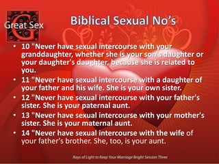 Biblical Sexual No’s20 "Never have sexual intercourse with your neighbor's wife and become unclean with her.22 "Never have sexual intercourse with a man as with a woman. It is disgusting. 23 "Never have sexual intercourse with any animal and become unclean with it. A woman must never offer herself to an animal for sexual intercourse. It is unnatural. "