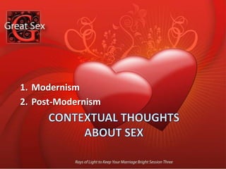 What Modernism has ProducedThere has been a shift from thinking sexual morality is beyond individual choice, to thinking sexual morality all depends on individual choice.There has been a shift from thinking sexual morality is the same for all regardless of how anyone feels, to thinking sexual morality is dif­ferent for each person depending on how each person feels.