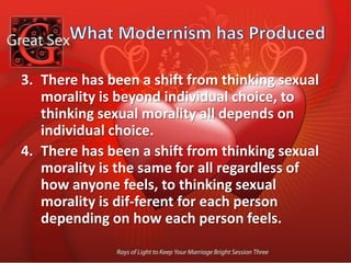 What Modernism has ProducedThere has been a shift from thinking sexual discipline is a moral solution, to thinking sexual discipline is a moral problem.There has been a shift from thinking desires for sex should never be trusted, to thinking desires for sex should never be questioned.