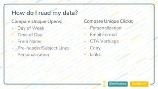 #emflconf@emfluence
How do I read my data?
Compare Unique Clicks:
- Personalization
- Email Format
- CTA Verbiage
- Copy
- Links
Compare Unique Opens:
- Day of Week
- Time of Day
- From Name
- Pre-header/Subject Lines
- Personalization
 