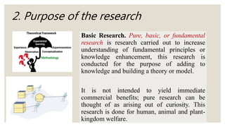 2. Purpose of the research
Basic Research. Pure, basic, or fundamental
research is research carried out to increase
understanding of fundamental principles or
knowledge enhancement, this research is
conducted for the purpose of adding to
knowledge and building a theory or model.
It is not intended to yield immediate
commercial benefits; pure research can be
thought of as arising out of curiosity. This
research is done for human, animal and plant-
kingdom welfare.
 