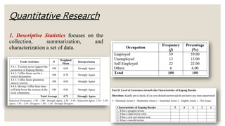 Quantitative Research
1. Descriptive Statistics focuses on the
collection, summarization, and
characterization a set of data.
 