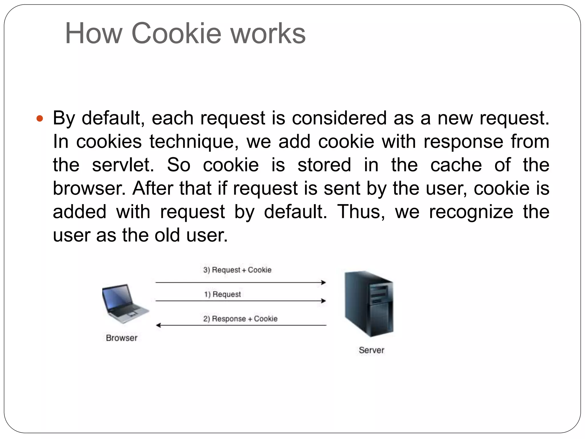 How Cookie works
 By default, each request is considered as a new request.
In cookies technique, we add cookie with response from
the servlet. So cookie is stored in the cache of the
browser. After that if request is sent by the user, cookie is
added with request by default. Thus, we recognize the
user as the old user.
 