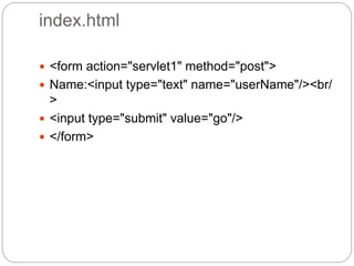index.html
 <form action="servlet1" method="post">
 Name:<input type="text" name="userName"/><br/
>
 <input type="submit" value="go"/>
 </form>
 