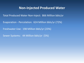 Non-Injected Produced Water
Total Produced Water Non-Inject: 866 Million bbls/yr
Evaporation - Percolation: 624 Million bbls/yr (72%)
Freshwater Use: 198 Million bbls/yr (23%)
Sewer Systems: 44 Million bbls/yr (5%)
 