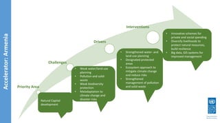 Accelerator:Armenia
Identify
priority area
What are the
challenges?
Natural Capital
development
• Weak water/land-use
planning
• Pollution and solid
waste
• Weak biodiversity
protection
• Maladaptation to
climate change and
disaster risks
• Strengthened water- and
land-use planning
• Designated protected
areas
• Ecosystem approach to
mitigate climate change
and reduce risks
• Strengthened
management of pollution
and solid waste
• Innovative schemes for
private and social spending
• Diversify livelihoods to
protect natural resources,
build resilience
• Big data, GIS systems for
improved management
Priority Area
Challenges
Drivers
Interventions
 