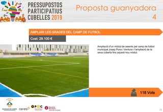 12
Proposta guanyadora
4
Ampliació d'un mòdul de seients pel camp de futbol
municipal Josep Pons i Ventura i l'ampliació d...