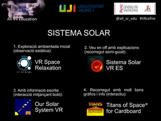 All VR Education @all_vr_edu #VRcefire
2. Veu en off amb explicacions
(recorregut semi-guiat):
4. Recorregut amb molt bons
gràfics i info (interactiu):
Sistema Solar
VR ES
Titans of Space®
for Cardboard
3. Amb informació escrita
(interacció mitjançant botó):
Our Solar
System VR
1. Exploració ambientada inicial
(observació estàtica):
SISTEMA SOLAR
VR Space
Relaxation
 