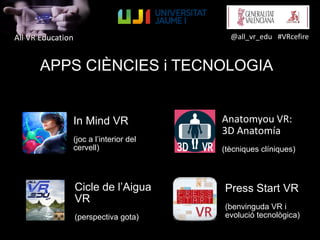 All VR Education @all_vr_edu #VRcefire
APPS CIÈNCIES i TECNOLOGIA
In Mind VR
(joc a l’interior del
cervell)
Anatomyou VR:
3D Anatomía
(tècniques clíniques)
Cicle de l’Aigua
VR
(perspectiva gota)
Press Start VR
(benvinguda VR i
evolució tecnològica)
 