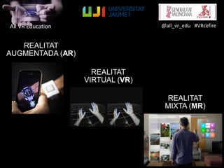 All VR Education @all_vr_edu #VRcefire
REALITAT
AUGMENTADA (AR)
REALITAT
VIRTUAL (VR)
REALITAT
MIXTA (MR)
 