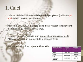 1. Calci
• L'absorció del calci intestinal depèn del ph gàstric (millor en ph
àcid) i de la presència d'aliments.
• Absorbim un 20-30 % del calci de la dieta. Aquest tant per cent
disminueix a partir dels 50-60 anys.
• El dèficit de calci s'associa a un augment compensador de la
PTH que provoca un augment de la resorció òssia
• Per tant el calci té un paper antiresortiu
 