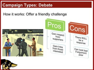 Campaign Types: Debate How it works: Offer a friendly challenge 