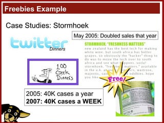 Case Studies: Stormhoek Freebies Example 2005: 40K cases a year 2007: 40K cases a WEEK May 2005: Doubled sales that year Dinners 