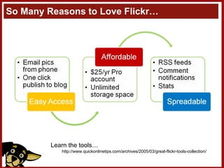 So Many Reasons to Love Flickr… Learn the tools… http://www.quickonlinetips.com/archives/2005/03/great-flickr-tools-collection/ 
