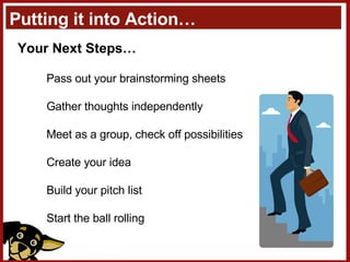 Putting it into Action… Your Next Steps… Pass out your brainstorming sheets Gather thoughts independently Meet as a group, check off possibilities Create your idea Build your pitch list Start the ball rolling 