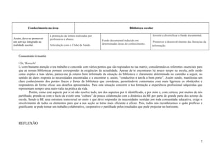 Conhecimento na área                                                            Biblioteca escolar

                            à promoção da leitura realizadas por                                             Investir e diversificar o fundo documental.
Assim, deve-se promover     professores e alunos.
um serviço integrado na                                              Fundo documental reduzido em            Promover o desenvolvimento das literacias da
realidade escolar.          Articulação com o Clube da Saúde.        determinadas áreas do conhecimento.
                                                                                                            informação.


    Comentário à matriz

    Olá, Manuela!
    Li com bastante atenção o teu trabalho e concordo com vários pontos que são registados na tua matriz, considerando-os referentes essenciais para
    que as nossas bibliotecas possam corresponder às exigências da actualidade. Apesar de te encontrares há pouco tempo na escola, pelo modo
    como expões a tuas ideias, parece-me já estares bem informada da situação da biblioteca e claramente determinada no caminho a seguir, no
    sentido de dares resposta às necessidades encontradas e a encontrar e, assim, “conduzires a tarefa a bom porto”. Assim sendo, manifestas um
    claro conhecimento dos pontos fracos e fortes da biblioteca que coordenas, permitindo-te contornares com mais ligeireza os obstáculos e
    responderes de forma eficaz aos desafios apresentados. Para esta situação concorre a tua formação e experiência profissional adquiridas que
    representam sempre uma mais-valia na prática da vida.
             Porém, como este aspecto por si só não resolve tudo, um dos aspectos por ti identificado, e por mim e, com certeza, por muitos de nós
    partilhado, prende-se com o facto de existir uma “cultura” de pouca colaboração com a dinâmica da BE por parte de grande parte dos actores da
    escola. Sendo a BE uma estrutura transversal ao meio e que deve responder às necessidades sentidas por toda comunidade educativa, exige o
    envolvimento de todos os elementos para que a sua acção se torne mais eficiente e eficaz. Pois, todos nós reconhecemos o quão profícuo e
    gratificante se pode tornar um trabalho colaborativo, cooperativo e partilhado pelos resultados que pode projectar no horizonte.




    REFLEXÃO



                                                                                                                                                      7
 