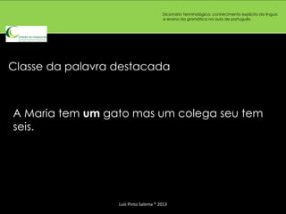 Dicionário Terminológico: conhecimento explícito da língua
                                       e ensino da gramática na aula de português.




Classe da palavra destacada



A Maria tem um gato mas um colega seu tem
seis.




                  Luís Pinto Salema * 2013
 