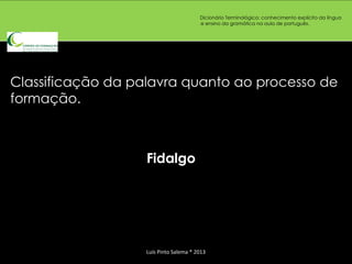Dicionário Terminológico: conhecimento explícito da língua
                                        e ensino da gramática na aula de português.




Classificação da palavra quanto ao processo de
formação.



                   Fidalgo




                   Luís Pinto Salema * 2013
 