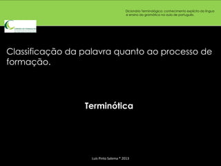 Dicionário Terminológico: conhecimento explícito da língua
                                        e ensino da gramática na aula de português.




Classificação da palavra quanto ao processo de
formação.




                 Terminótica




                   Luís Pinto Salema * 2013
 