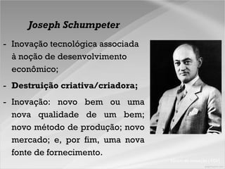 Fórum de Inovação ( FGV)
Joseph Schumpeter
- Inovação tecnológica associada
à noção de desenvolvimento
econômico;
- Destruição criativa/criadora;
- Inovação: novo bem ou uma
nova qualidade de um bem;
novo método de produção; novo
mercado; e, por fim, uma nova
fonte de fornecimento.
 