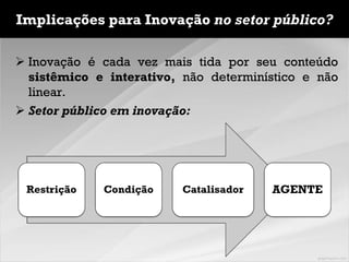 Implicações para Inovação no setor público?
 Inovação é cada vez mais tida por seu conteúdo
sistêmico e interativo, não determinístico e não
linear.
 Setor público em inovação:
Restrição Condição Catalisador AGENTE
 
