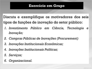 Discuta e exemplifique os motivadores dos seis
tipos de funções de inovação do setor público:
1. Investimento Público em Ciência, Tecnologia e
Inovação;
2. Compras Públicas de Inovações (Procurement)
3. Inovações Institucionais Econômicas;
4. Inovações Institucionais Políticas;
5. Serviços;
6. Organizacional.
Exercício em Grupo
 