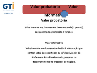 UNIDADE 1
Valor probatório Valor
informativo
Valor probatório
Valor inerente aos documentos decorrentes da(s) prova(s)
que contêm da organização e funções.
Valor informativo
Valor inerente aos documentos devido à informação que
contêm sobre pessoas (físicas ou jurídicas), coisas ou
fenômenos. Para fins de estudo, pesquisa ou
desenvolvimento de processos de negócio.
 