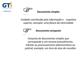 Documento simples
Unidade constituída pela informação e respetivo
suporte, exemplo: uma fatura da eletricidade
Documento composto
Conjunto de documentos simples que
corresponde a um mesmo procedimento,
trâmite ou processamento administrativo ou
judicial, exemplo: um livro de atas de reuniões
 
