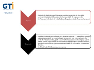 UNIDADE 1
Processo
• Conjunto de documentos oficialmente reunidos no decurso de uma ação
administrativa ou judicial, que constitui uma unidade de arquivamento.
• Ex. Processos individuais de trabalhadores (Departamento de Recursos Humanos)
Unidade arquivística
constituída por um
conjunto de documentos
do mesmo arquivo
Documento
• Unidade constituída pela informação e respetivo suporte. É a mais ínfima unidade
arquivística que pode ser constituída por um ou mais atos informacionais. Do
ponto de vista arquivístico, pode assumir a forma de documento simples, quando
apenas contém uma unidade de informação ou a forma de documento composto,
quando é constituída por mais do que uma unidade de informação, em suportes
distintos.
• Ex. Relatório de Atividades de uma empresa
 