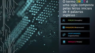 O termo SWOT é
uma sigla composta
pelas letras iniciais
de 4 palavras
inglesas :
FORÇAS (Strengths)
FRAQUEZAS (Weaknesses)
OPORTUNIDADES
(Opportunities)
AMEAÇAS (Threats)
 