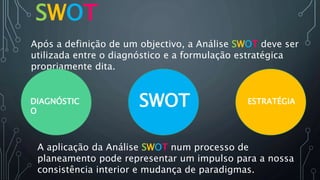 SWOT
A aplicação da Análise SWOT num processo de
planeamento pode representar um impulso para a nossa
consistência interior e mudança de paradigmas.
Após a definição de um objectivo, a Análise SWOT deve ser
utilizada entre o diagnóstico e a formulação estratégica
propriamente dita.
DIAGNÓSTIC
O
SWOT ESTRATÉGIA
 