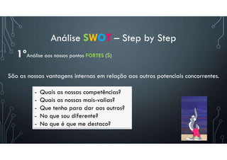 Análise SWOT – Step by Step
- Quais as nossas competências?
- Quais as nossas mais-valias?
- Que tenho para dar aos outros?
- No que sou diferente?
- No que é que me destaco?
1ºAnálise aos nossos pontos FORTES (S)
São as nossas vantagens internas em relação aos outros potenciais concorrentes.
 