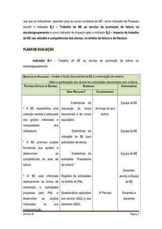 vez que os indicadores “apontam para as zonas nucleares da BE”, como indicador de Processo
escolhi o indicador B.1 – Trabalho da BE ao serviço da promoção da leitura na
escola/agrupamento e como indicador de Impacto optei o indicador B.3 – Impacto do trabalho
da BE nas atitudes e competências dos alunos, no âmbito da leitura e da literacia.


PLANO DE AVALIAÇÃO


           Indicador B.1 - Trabalho da BE ao serviço da promoção da leitura na
escola/agrupamento.


OBJECTOS DE AVALIAÇÃO: - Avaliar o fundo documental da BE e a renovação do mesmo.
                    - Aferir a participação dos alunos em actividades relacionadas com a leitura.
FACTORES CRÍTICOS DE SUCESSO                       EVIDÊNCIAS                     INTERVENIENTES
                                           ONDE RECOLHER?           CALENDARIZAÇÃO


                                               Estatísticas   de                       Equipa da BE
* A BE disponibiliza uma requisição                   do   fundo    Ao longo do ano
colecção variada e adequada documental e de novas                       lectivo.
aos gostos, interesses e aquisições.
necessidades                     dos
utilizadores.                                   Estatísticas de                        Equipa da BE
                                       utilização da BE para
* A BE promove acções actividades de leitura.
formativas que ajudem a
desenvolver                       as            Estatísticas da                        Equipa da BE
competências na área de actividade                    “Passaporte
leitura.                               de Leitura”.
                                                                                        Docentes,
* A BE está informada Registos de actividades                                         alunos e Equipa
relativamente às linhas de no âmbito do PNL.                                              da BE
orientação      a        actividades
propostas       pelo       PNL    e Questionários realizados          3º Período        Docentes e
desenvolve          as       acções aos alunos (QA2) e aos                               discentes
implicadas           na          sua docentes (QD2).
implementação.
Domínio B                                                                                     Página 2
 