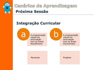 Integração Curricular
A programação
visual em
articulação
com as áreas
disciplinares
Parcerias
a A programação
visual em
articulação
com as áreas
transversais
Projetos
b
Próxima Sessão
 