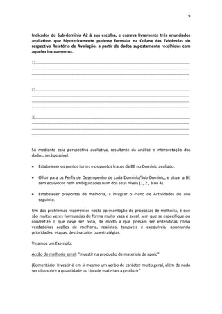 9



Indicador do Sub-domínio A2 à sua escolha, e escreva livremente três enunciados
avaliativos que hipoteticamente pudesse formular na Coluna das Evidências do
respectivo Relatório de Avaliação, a partir de dados supostamente recolhidos com
aqueles instrumentos.

1)……………………………………………………………………………………………………………………………………
………………………………………………………………………………………………………………………………………
………………………………………………………………………………………………………………………………………
………………………………………………………………………………………………………………………………………

2)……………………………………………………………………………………………………………………………………
………………………………………………………………………………………………………………………………………
………………………………………………………………………………………………………………………………………
………………………………………………………………………………………………………………………………………

3)……………………………………………………………………………………………………………………………………
………………………………………………………………………………………………………………………………………
………………………………………………………………………………………………………………………………………
………………………………………………………………………………………………………………………………………


Só mediante esta perspectiva avaliativa, resultante da análise e interpretação dos
dados, será possível:

   Estabelecer os pontos fortes e os pontos fracos da BE no Domínio avaliado.

   Olhar para os Perfis de Desempenho de cada Domínio/Sub-Domínio, e situar a BE
    sem equívocos nem ambiguidades num dos seus níveis (1, 2 , 3 ou 4).

   Estabelecer propostas de melhoria, a integrar o Plano de Actividades do ano
    seguinte.

Um dos problemas recorrentes nesta apresentação de propostas de melhoria, é que
são muitas vezes formuladas de forma muito vaga e geral, sem que se especifique ou
concretize o que deve ser feito, de modo a que possam ser entendidas como
verdadeiras acções de melhoria, realistas, tangíveis e exequíveis, apontando
prioridades, etapas, destinatários ou estratégias.

Vejamos um Exemplo:

Acção de melhoria geral: “Investir na produção de materiais de apoio”

(Comentário: Investir é em si mesmo um verbo de carácter muito geral, além de nada
ser dito sobre a quantidade ou tipo de materiais a produzir”
 