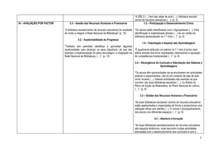 “A EB2,3 (…) tem dez salas de aula (…), biblioteca escolar/
                                                                                             centro de recursos educativos (…). (p. 3)
IV – AVALIAÇÃO POR FACTOR       3.3 – Gestão dos Recursos Humanos e Financeiros                      1.2 – Participação e Desenvolvimento Cívico

                            “A biblioteca escolar/centro de recursos educativos foi ampliada “Os alunos estão identificados com o Agrupamento (…). Esta
                            de modo a integrar a Rede Nacional de Bibliotecas” (p. 10)       identificação é materializada através (…) de um cartão da
                                                                                             biblioteca personalizado no 1.º ciclo (…)”. (p. 6)
                                         5.2 – Sustentabilidade do Progresso
                                                                                                     1.4 – Valorização e Impacto das Aprendizagens
                            “Também tem permitido identificar e aproveitar algumas
                            oportunidades para alcançar os seus objectivos, de que são “É igualmente atribuído um prémio no 1.º ciclo à turma mais
                            exemplo a implementação do plano tecnológico, a integração na leitora através dos livros requisitados, estimulando a aquisição
                            Rede Nacional de Bibliotecas, (…)”. (p. 12)                      de competências fundamentais (…)”. (p. 6)

                                                                                             2.4 – Abrangência do Currículo e Valorização dos Saberes e
                                                                                                                  Aprendizagens

                                                                                             “Os alunos têm oportunidades de se envolverem em actividades
                                                                                             práticas e experimentais, não só em contexto de sala de aula
                                                                                             como noutras (…). Dessas actividades são exemplo as que
                                                                                             ocorrem nas duas bibliotecas escolares (…), no âmbito do
                                                                                             Plano de Acção da Matemática, do Plano Nacional de Leitura,
                                                                                             (…)”. (p. 8)

                                                                                                 3.3 – Gestão dos Recursos Humanos e Financeiros

                                                                                             “As duas bibliotecas escolares/ centros de recursos educativos
                                                                                             estão apetrechadas e organizadas de forma a proporcionar uma
                                                                                             utilização eficaz aos utentes (…). É visível o acompanhamento
                                                                                             dos alunos nos diferentes espaços (…)”. (p. 9)

                                                                                                               4.3 – Abertura à Inovação

                                                                                             “As duas bibliotecas escolares/centros de recursos educativos
                                                                                             são espaços dinâmicos, onde decorrem muitas actividades
                                                                                             articuladas com o desenvolvimento dos currículos e com a

                                                                                                                                                             2
 
