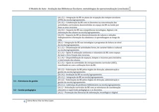O Modelo de Auto - Avaliação das Bibliotecas Escolares: metodologias de operacionalização (conclusão)


                                                  (A.1.5.) – Integração da BE no plano de ocupação dos tempos escolares
                                                  (OTE) da escola/agrupamento.
                                                  (A.1.6.) – Colaboração da BE com os docentes na concretização das
                                                  actividades curriculares desenvolvidas no espaço da BE ou tendo por
                                                  base os seus recursos.
                                                  (A.2.4.) – Impacto da BE nas competências tecnologias, digitais e de
                                                  informação dos alunos na escola/agrupamento.
                                                  (A.2.5) – Impacto da BE no desenvolvimento de valores e atitudes
                                                  indispensáveis à formação da cidadania e à aprendizagem ao longo da
                                                  vida.
                                                  (B.2.) – Integração da BE nas estratégias e programas de leitura ao nível
                                                  da escola/agrupamento.
                                                  (C.1.2.) – Dinamização de actividades livres, de carácter lúdico e cultural
                                                  na escola/agrupamento.
                                                  (C.1.3.) – Apoio À utilização autónoma e voluntária da BE como espaço
                                                  de lazer e livre fruição dos recursos.
                                                  (C.1.4.) – Disponibilização de espaços, tempos e recursos para iniciativa
                                                  e intervenção dos alunos.
                                                  (C.1.5.) – Apoio às actividades de enriquecimento curricular (AEC),
                                                  conciliando-se com a utilização livre da BE.

                                                  (D.1.2) – Valorização da BE pelos órgãos de direcção, administração e
                                                  gestão da escola/agrupamento.
                                                  (D.1.4.) - Avaliação da BE na escola/agrupamento.
                                                  (D.1.1.) – Integração da BE na escola/agrupamento.
                                                  (D.1.2) – Valorização da BE pelos órgãos de direcção, administração e
3.1 – Estruturas de gestão
                                                  gestão da escola/agrupamento.
                                                  (D.2.1.) – Liderança do professor bibliotecário na escola/agrupamento.
                                                  (A.1.) – Articulação curricular da BE com as estruturas de coordenação
3.2 – Gestão pedagógica                           educativa e supervisão pedagógicas e os docentes.
                                                  (A.2.) – Promoção das literacias de informação, tecnológica e digital.


              Glória Maria Vilar da Silva Lopes
          4
 