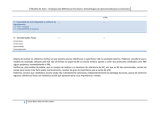 O Modelo de Auto - Avaliação das Bibliotecas Escolares: metodologias de operacionalização (conclusão)


                                                                                                o PNL.

5 – Capacidade de Auto-Regulação e melhoria do          ---                                     ---
Agrupamento
5.1 – Auto – Avaliação
5.2 – Sustentabilidade do progresso




V – Considerações Finais                                ---                                     ---
Pontos fortes
Pontos fracos
Oportunidades
Constrangimentos




Depois de analisar os relatórios verifica-se que existem poucas referências e superficiais à BE na avaliação externa. Podemos considerar que o
modelo de avaliação utilizado pela IGE não dá ênfase ao papel da BE na escola embora aponte o valor dos protocolos celebrados com RBE
alguns projectos, nomeadamente o PNL.
Verifica-se, pela análise da tabela, que os campos de análise e os domínios de referência da IGE, em que as BE são mencionadas, variam de
escola para escola. Este facto pode, eventualmente, resultar do grau de importância que a escola dá à BE.
Podemos concluir que a biblioteca escolar ainda não é devidamente valorizada, independentemente da tipologia da escola, apesar de existirem
algumas referências feitas nos relatórios da IGE que apontam para a sua importância e missão.




                    Glória Maria Vilar da Silva Lopes
                4
 