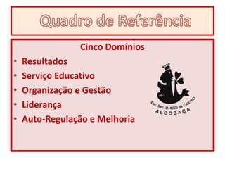 Cinco DomíniosResultadosServiço EducativoOrganização e GestãoLiderançaAuto-Regulação e MelhoriaQuadro de Referência  