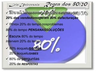  80% dos vendedoresgeram 20% dafacturação
20% dos vendedoresgeram 80% dafacturação
 PENSA 20% do tempo nosproblemas
80% do tempo PENSANASSOLUÇÕES
 ESCUTA 80% do tempo
Intervem 20% do tempo

 80% éoquetusentes
  20% éoquetuSABES
 80% de perguntas
  20% de RESPOSTAS
 