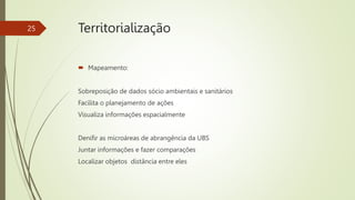  Mapeamento:
Sobreposição de dados sócio ambientais e sanitários
Facilita o planejamento de ações
Visualiza informações espacialmente
Denifir as microáreas de abrangência da UBS
Juntar informações e fazer comparações
Localizar objetos distância entre eles
25 Territorialização
 