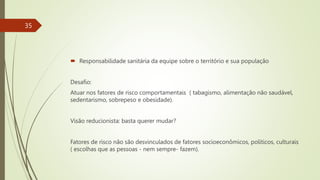  Responsabilidade sanitária da equipe sobre o território e sua população
Desafio:
Atuar nos fatores de risco comportamentais ( tabagismo, alimentação não saudável,
sedentarismo, sobrepeso e obesidade).
Visão reducionista: basta querer mudar?
Fatores de risco não são desvinculados de fatores socioeconômicos, políticos, culturais
( escolhas que as pessoas - nem sempre- fazem).
35
 