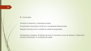  Conclusões
Território é dinâmico ( interações sociais)
Socialmente construído e histórica e socialmente determinado
Relação intrínseca com o estado de saúde da população
Distribuição complexa de fatores de risco  aumenta o risco de adoecer; influenciam
escolhas individuais  condições de saúde
36
 