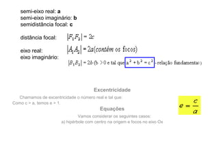 semi-eixo real: a
semi-eixo imaginário: b
semidistância focal: c
distância focal:
eixo real:
eixo imaginário:
Excentricidade
        Chamamos de excentricidade o número real e tal que:
Como c > a, temos e > 1.
Equações
   Vamos considerar os seguintes casos:
a) hipérbole com centro na origem e focos no eixo Ox
 