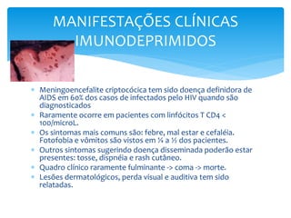  Meningoencefalite criptocócica tem sido doença definidora de
AIDS em 60% dos casos de infectados pelo HIV quando são
diagnosticados
 Raramente ocorre em pacientes com linfócitos T CD4 <
100/microL.
 Os sintomas mais comuns são: febre, mal estar e cefaléia.
Fotofobia e vômitos são vistos em ¼ a ½ dos pacientes.
 Outros sintomas sugerindo doença disseminada poderão estar
presentes: tosse, dispnéia e rash cutâneo.
 Quadro clínico raramente fulminante -> coma -> morte.
 Lesões dermatológicos, perda visual e auditiva tem sido
relatadas.
MANIFESTAÇÕES CLÍNICAS
IMUNODEPRIMIDOS
 